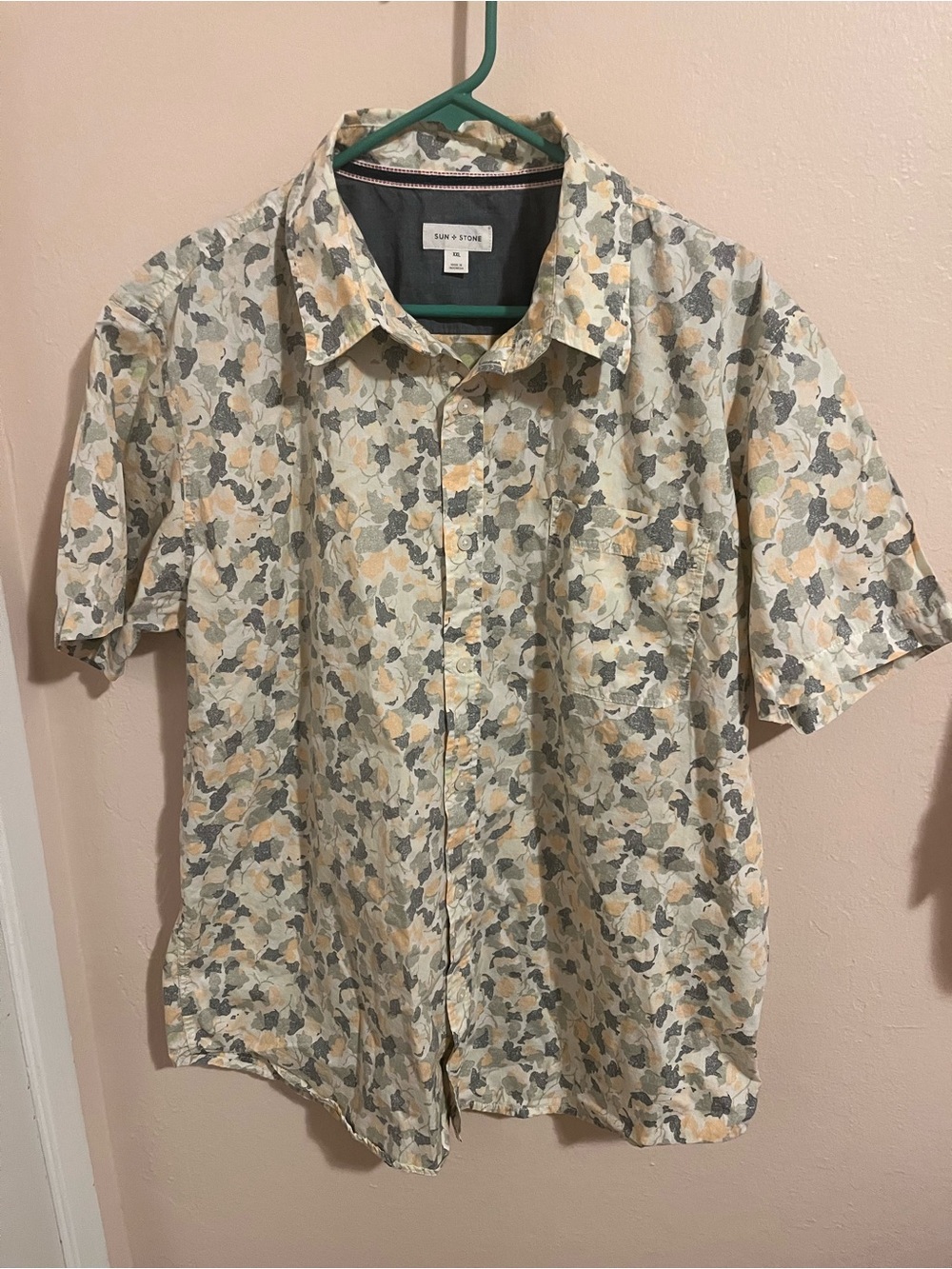 Sun + Stone Short Sleeve Floral Print Button-Down Shirt - Cream, Gray, Yellow